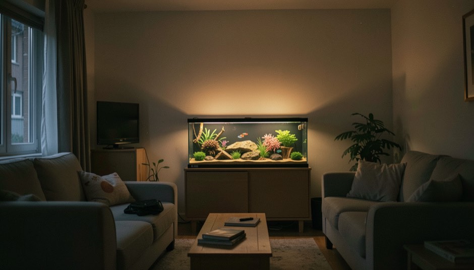 Een donkere woonkamer in de avond waarin alleen het licht van een verlicht aquarium een warme strook op de wand en het plafond werpt boven een lage kast.
