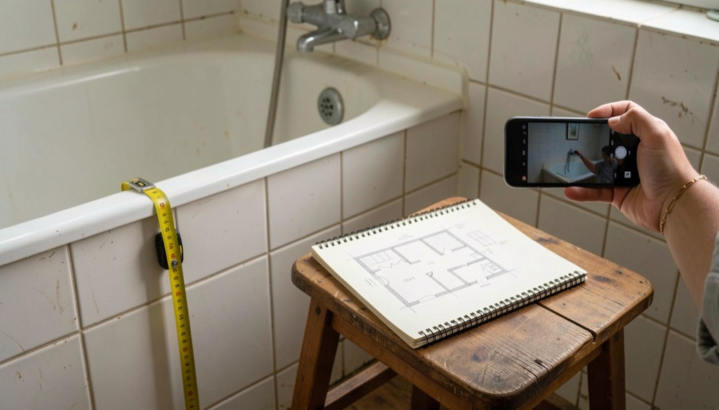 Een hand die met een smartphone de hoek van een oude badkamer fotografeert, met een rolmaat aan de badrand en een schetsboek met plattegrond op een houten krukje.