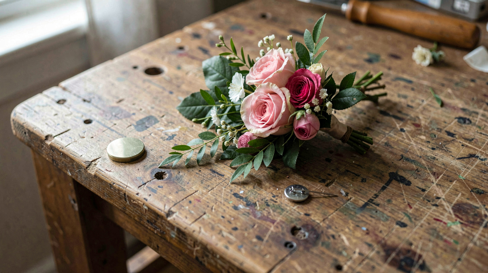 Een houten werktafel met een half afgewerkte corsage van rozen en groen, een magneet en een speld ernaast, zacht daglicht van links, close-up van bovenaf.