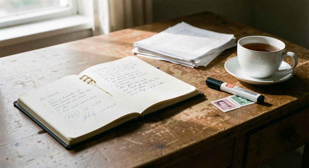 Een bureau met een geopend notitieboek, een stapel drukproeven met een markeerstift en een kop thee bij ochtendlicht.