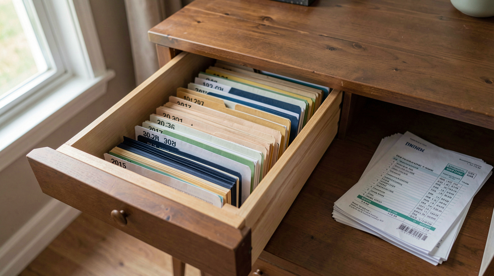 Een open ladekast in een woonkamer met daarin mappen per jaartal, een stapel energiefacturen op de tafel ernaast, zacht daglicht uit een raam aan de linkerkant, close-up van bovenaf.