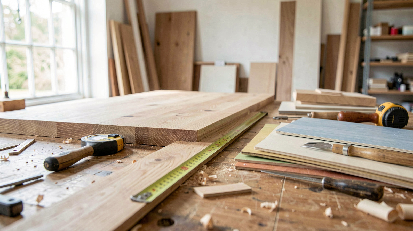 Een werkbank in een lichte schrijnwerkerij met eiken planken, een rolmaat en fineerstalen, daglicht valt van links door een hoog raam, close-up van de houtnerf en de gereedschappen op het blad.