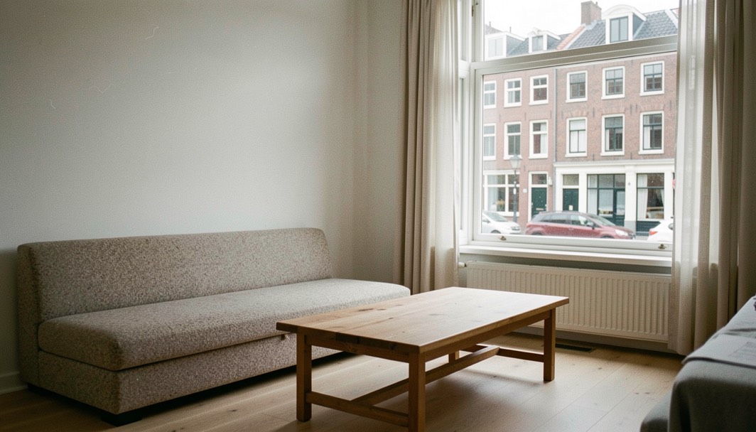 Lichte woonkamer met een lage bank van gemeleerde wolstof, een houten salontafel en een groot raam met uitzicht op een straat met bakstenen gevels.