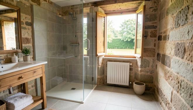 Een kleine vernieuwde badkamer in een oud stenen landhuis, met een inloopdouche met glazen wand, grote lichtgrijze tegels, een houten wastafelmeubel en een openstaand raam met luiken op een groene tuin.