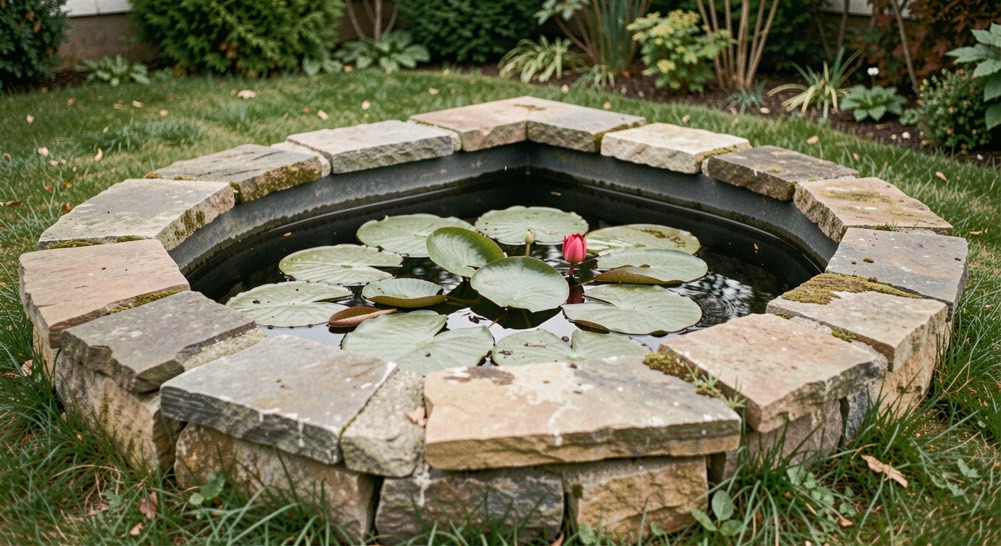 Een kleine tuinvijver met een rand van onregelmatige natuursteen, waterlelieblad op het oppervlak en een moerashoek met zegge langs de achterzijde.
